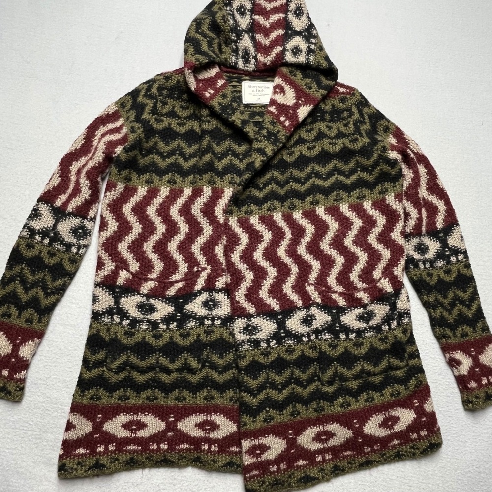 VTG Abercrombie & Fitch Hooded‎ Cardigan Sweater Aztec Wool Alpaca boho western